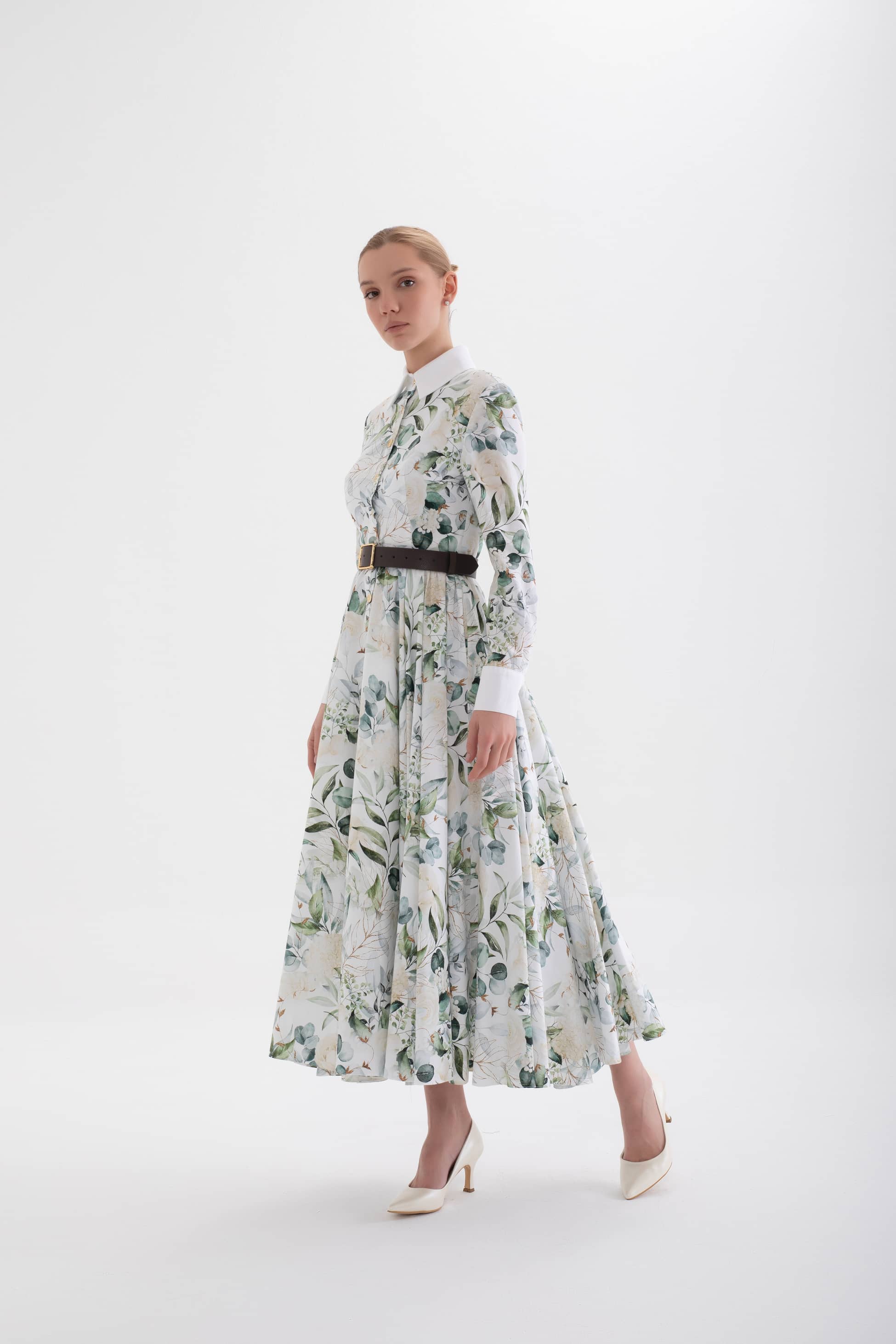 verdure white cicek patterned shirt dress