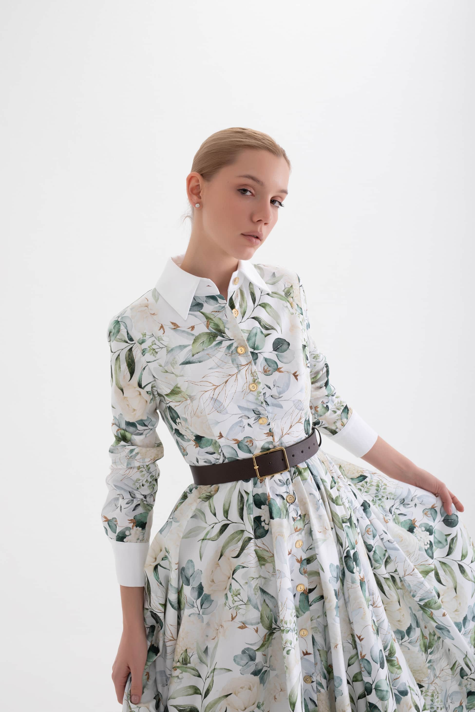 verdure white cicek patterned shirt dress