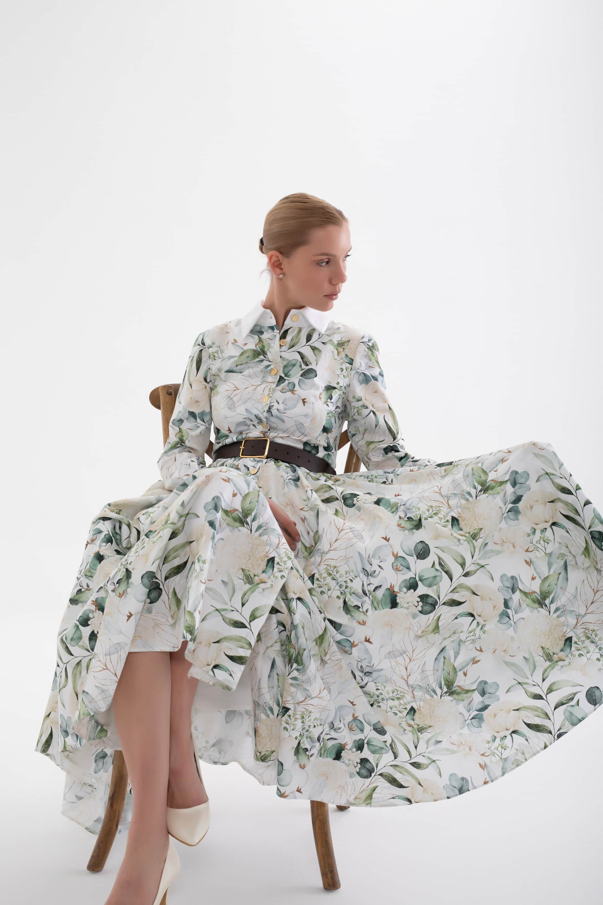 verdure white cicek patterned shirt dress