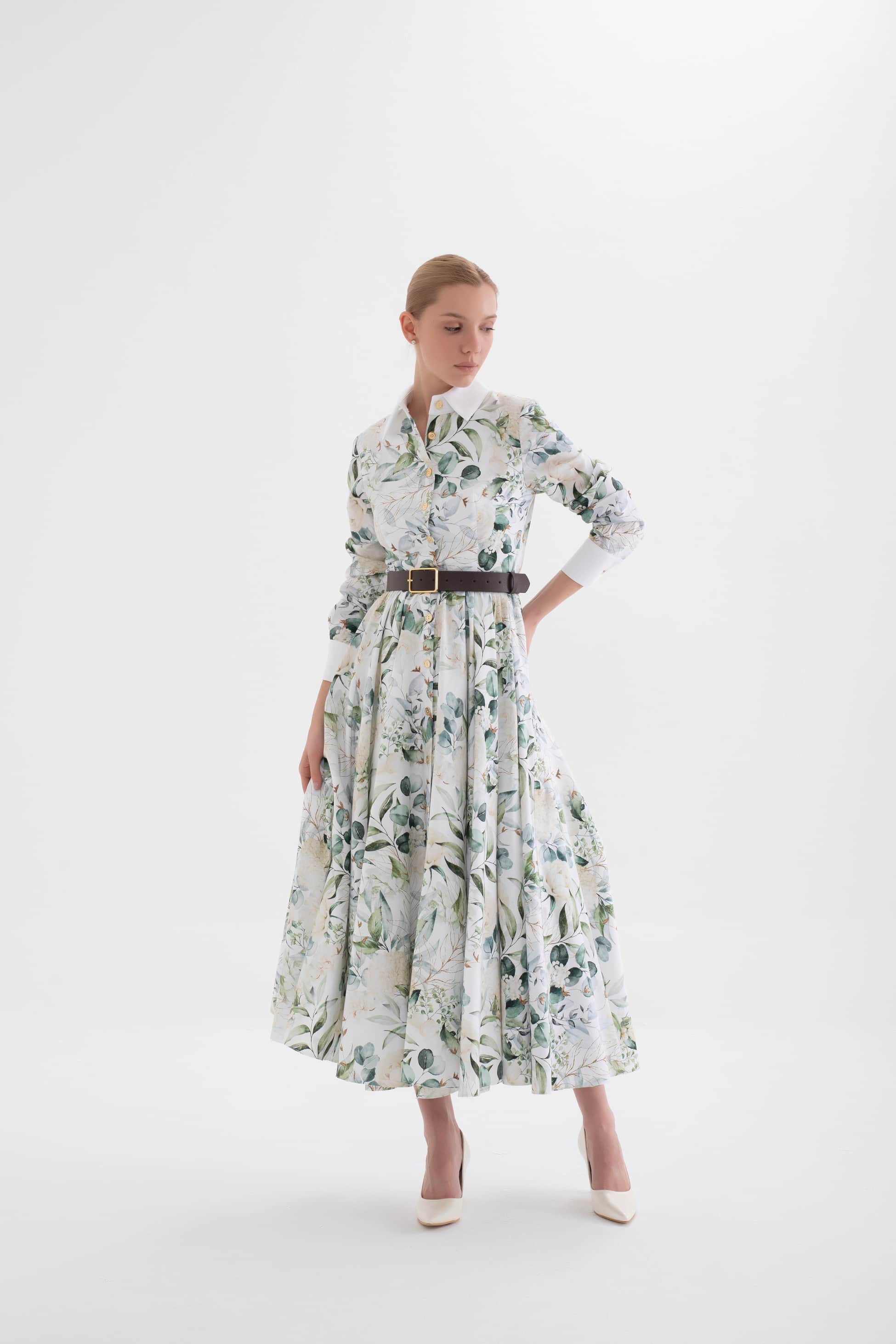 verdure white cicek patterned shirt dress